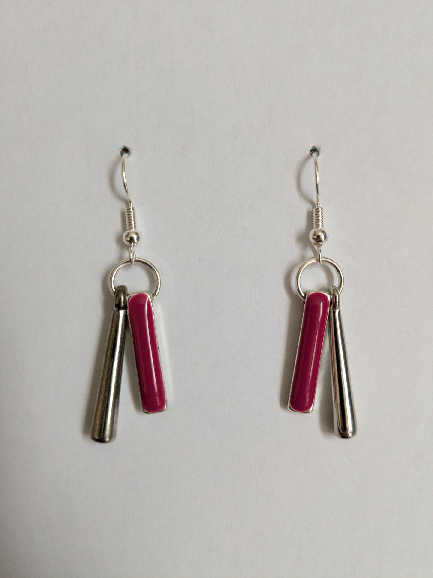 Small dangle earrings made from two pink and silver tone vintage metal bars, and new silver-plated wires.