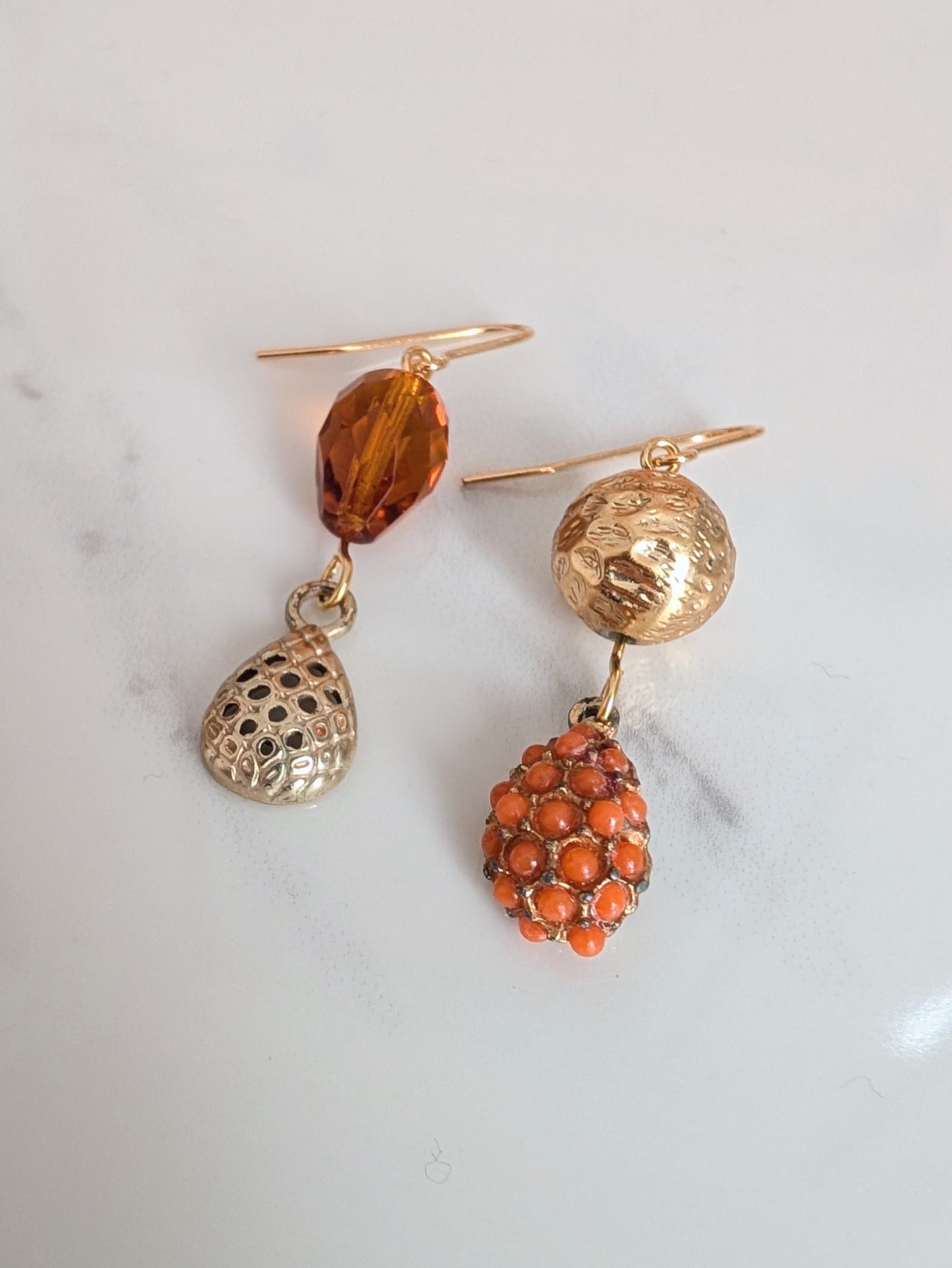 Mismatch Coral and Gold Earrings