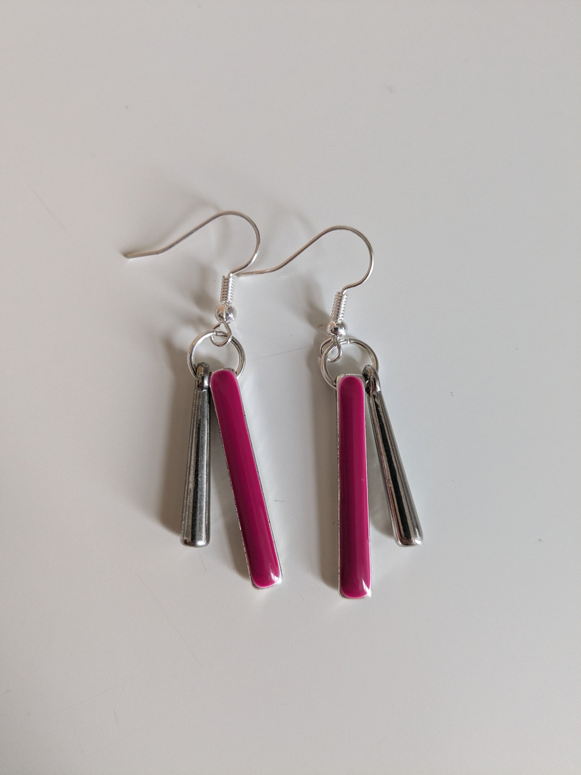 Dangle earrings made from two pink and silver tone vintage metal bars, and new silver-plated wires.