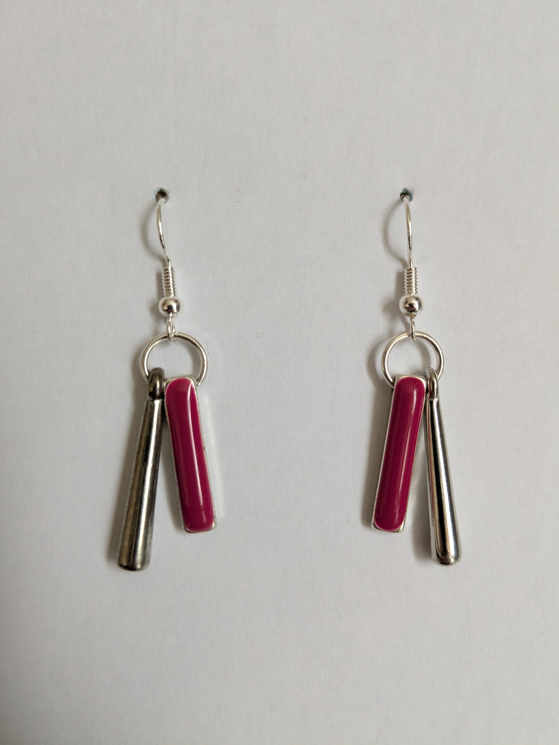 Small dangle earrings made from two pink and silver tone vintage metal bars, and new silver-plated wires.