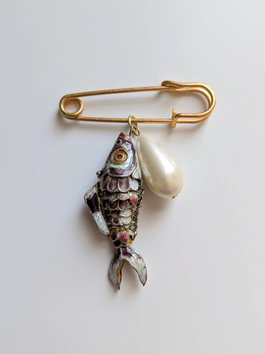 Fish and Pearl Pin Brooch