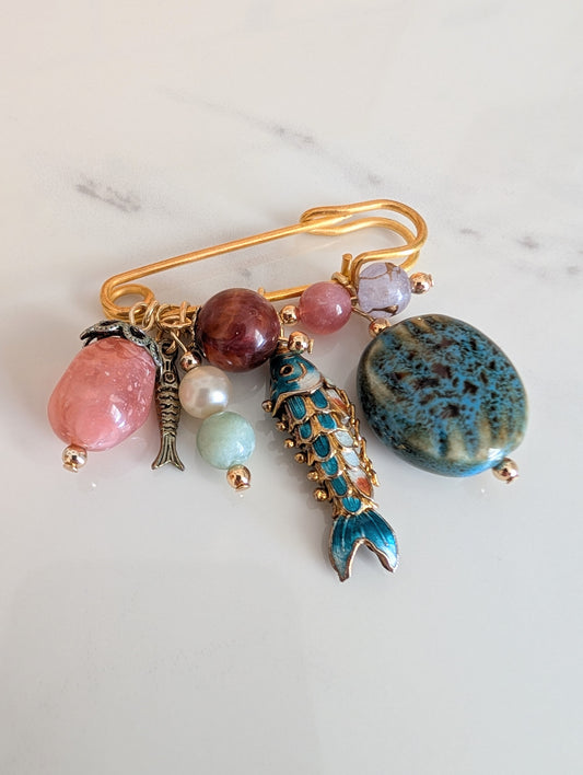 Fish Charm Cluster Pin Brooch