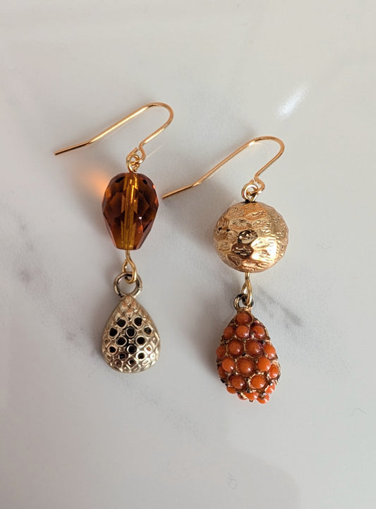 Mismatch Coral and Gold Earrings